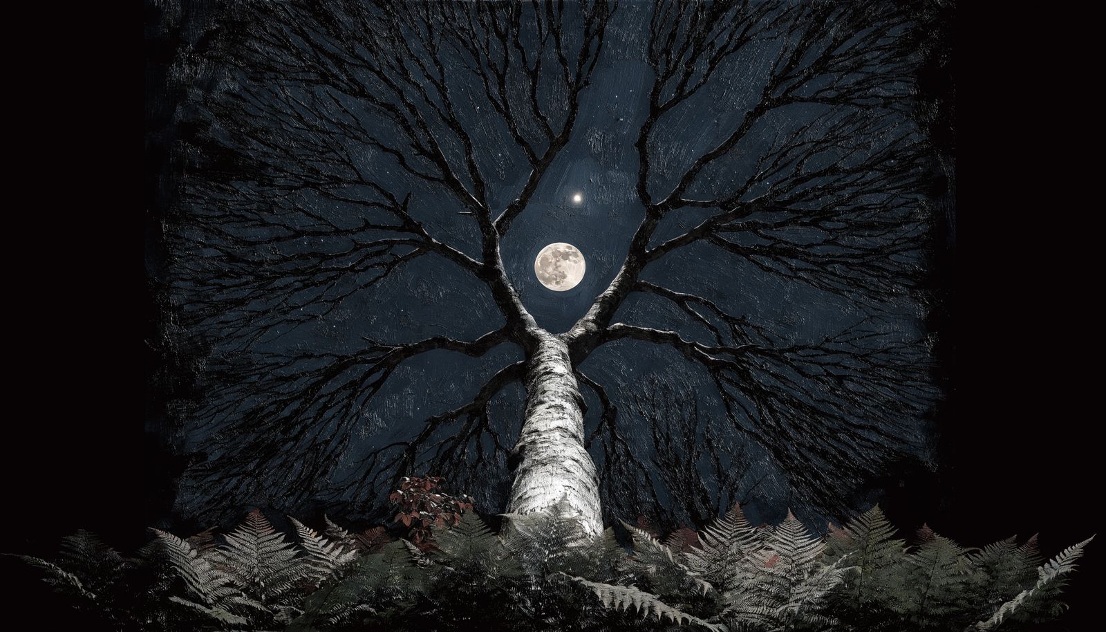 Looking up a tree trunk, the full moon caught in the fork of two branches