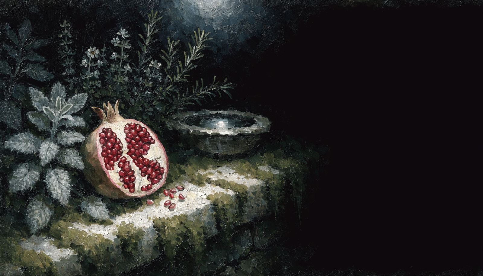 A split pomegranate among herbs beside a stone water basin
