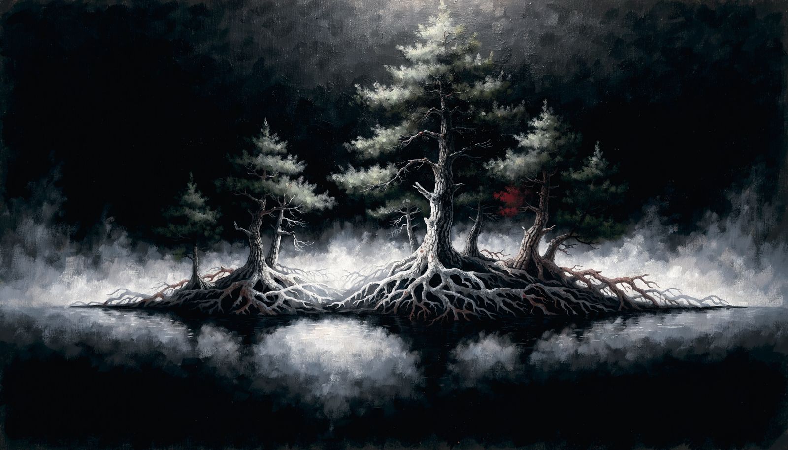 A small forested island floating on still black water